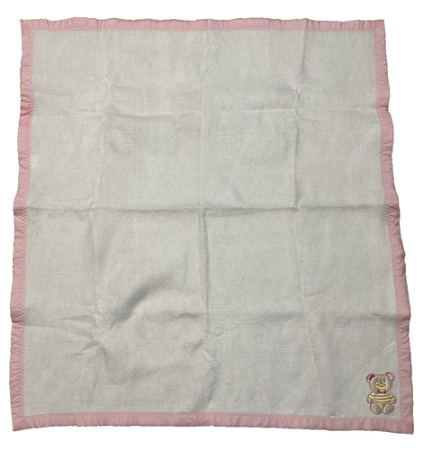 Vintage 100% Acrylic White Pink Silk Border Bear Baby Blanket Made in USA