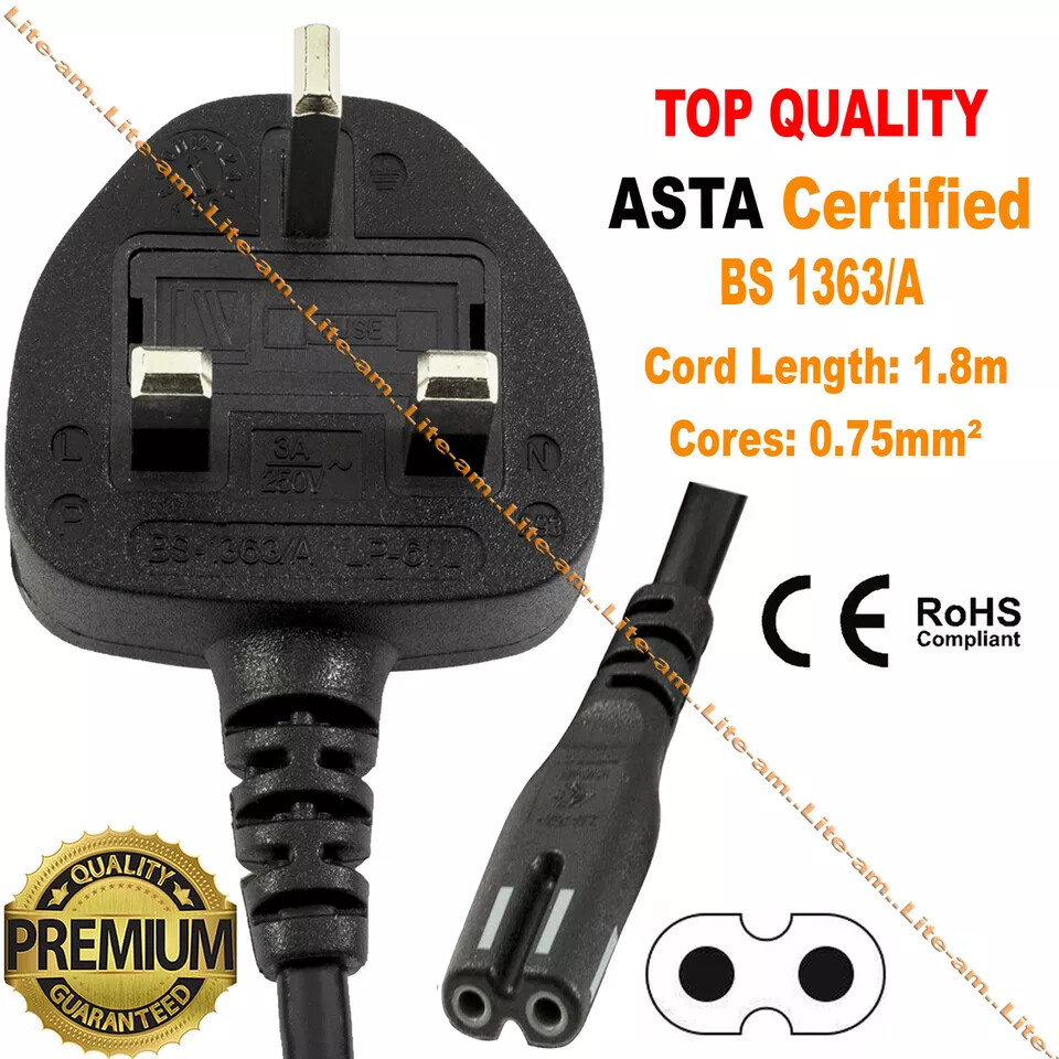 UK Mains Plug with 3A Fuse to 'Figure 8' (C7) Coiled Mains Lead in Bla – Curly Cable Company
