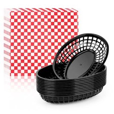 Burger Baskets & Paper Liners 12pcs 9.4"x5.9" Reusable Black Plastic Food Ser...