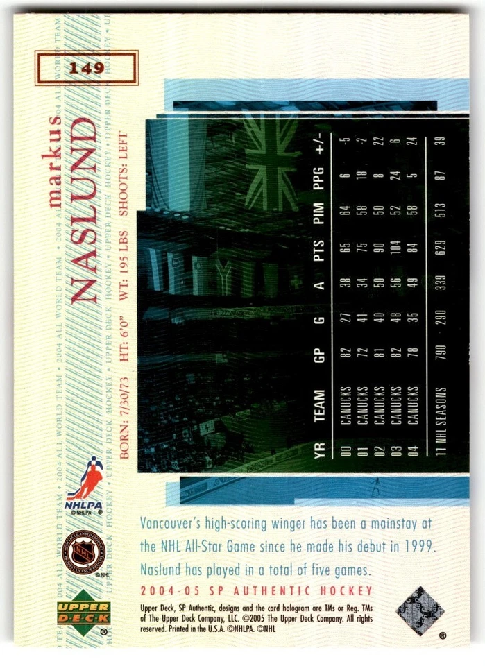 Markus Naslund 2004-05 SP Authentic AWT #149 Vancouver Canucks - Image 2 of 2
