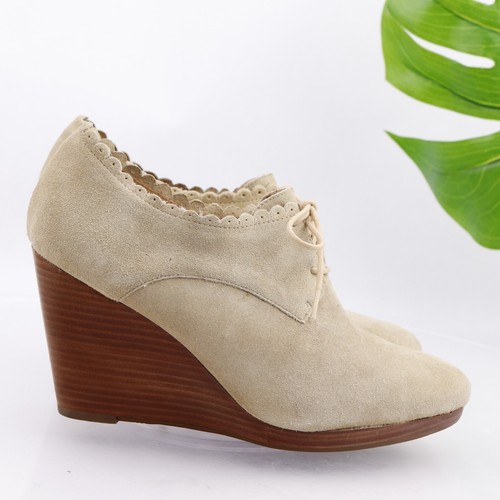 Jack Rogers Women's Olivia Boot Size 10 Wedge Heel LaceUp Cream Tan Suede Bootie - Picture 4 of 12