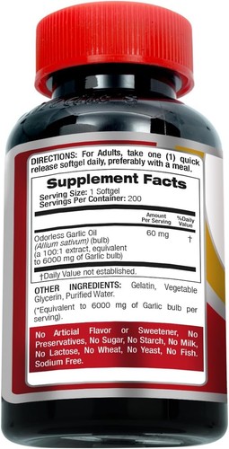Garlic Pills 6000 mg Equivalent 200 softgels Organic Garlic 200 Softgels Garlic - Picture 3 of 3