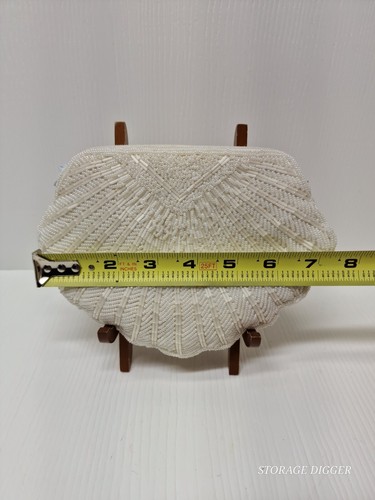 Vintage White Beaded Shell-Shaped Evening Clutch Bag Women's Elegant Zipper - Picture 4 of 7