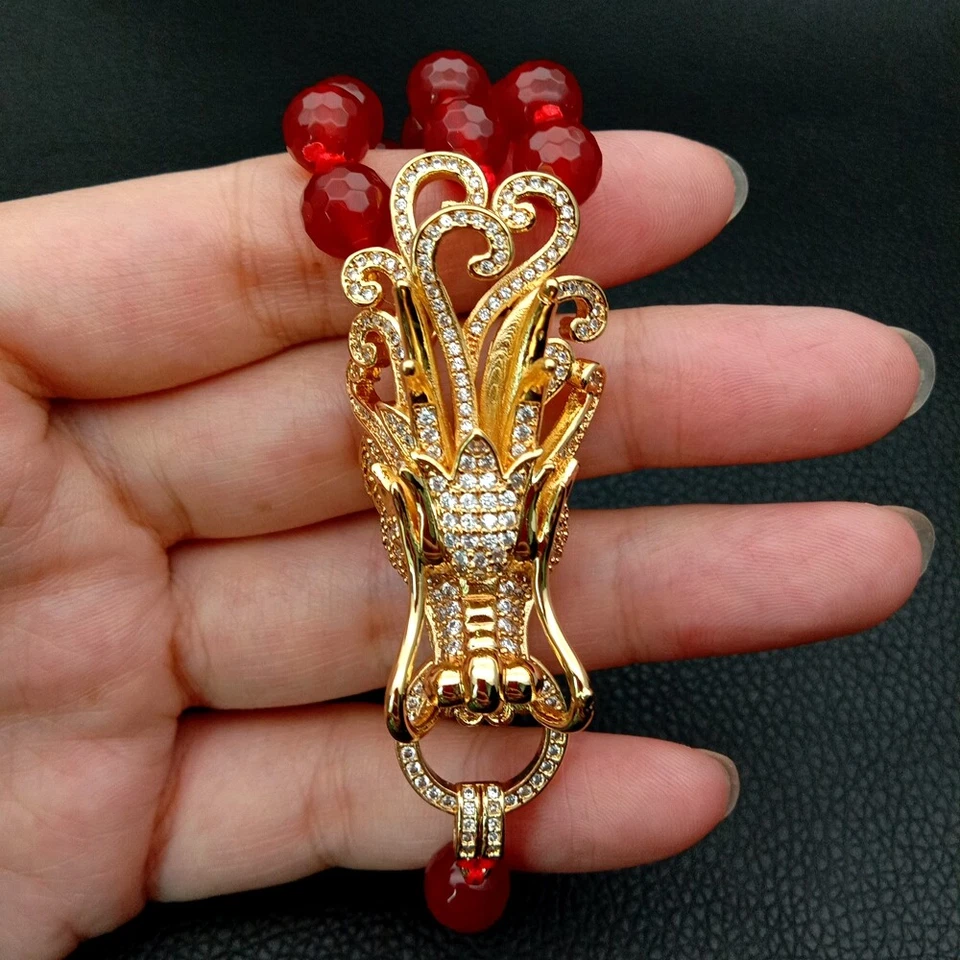 Brazalete Conector Dragón Pavimentado Circonita Cz Ágata Roja Facetada Redonda 8mm Foto 3 de 4