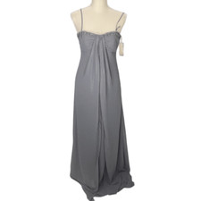 David’s Bridal Pewter Gray Shimmer Adjustable Strapless Fog foil Split Gown Sz 4