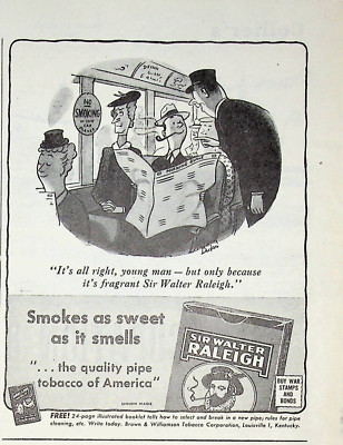 1945 Sir Walter Raleigh Pipe Tobacco Print Ad 1940s Cartoonist Richard Decker