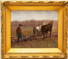 Folk Art Oil on Canvas of Farmer Plowing