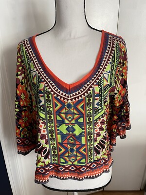 Flying Tomato Boho Neon Green Orange Blue Purple Aztec Short Sleeve Western Top