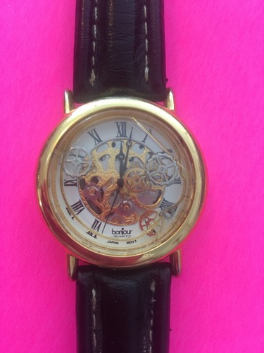 orologio vintage bonjour scheletro liquido strano movimento giapponese pelle - Foto 6 di 8