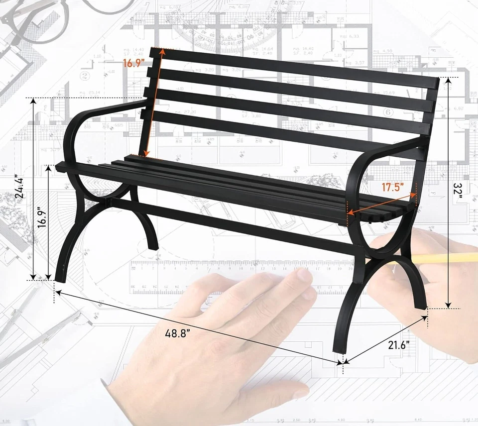户外花园长椅露台公园长椅金属框架家具门廊庭院黑色 — 第 4/4 张图片