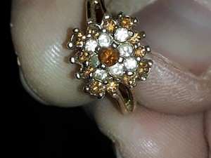 Authentic Ladies Gold Plated Brown Garnet Center w/CZ 8 stone border w/12 garnet bd Size 5