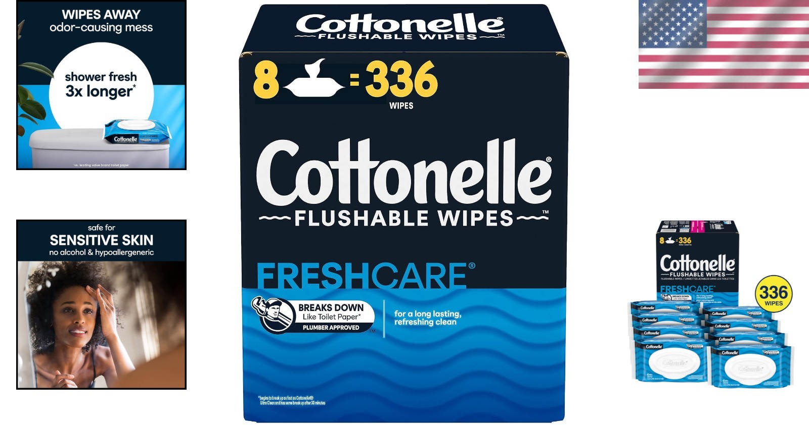 336 Total Soft and Gentle Flushable Wipes in 8 Convenient Flip-Top Packs
