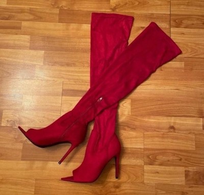 Anne Michelle Red Open Toe Over The Knee Stiletto Heels Boots 7
