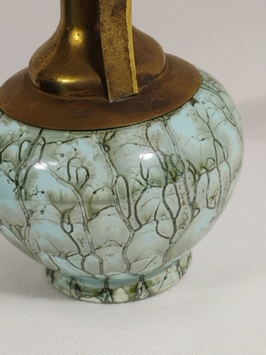 Vtg Delft Holland? 8” Brass/Marbled Ceramic Pitcher Vase Hand Painted Blue Gold - Picture 5 of 9