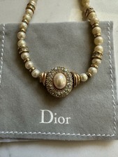 Christian Dior Vintage 1980s White Round Oval Pearl Crystals Pendant Necklace