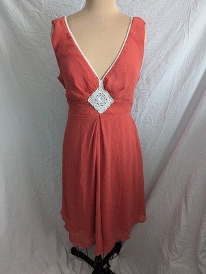 Vtg Jonathan Martin Coral Sleeveless Embroidered Aline Dress Women's Size 14 EUC