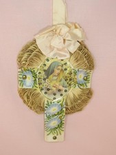  Antique Ribbon Fan Religious Bleeding Heart of Mary Sequin Rafia Morning Glory