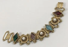 Vtg Victorian Revival Multi Color Glass Faux Pearl Gold Tone Link Bracelet. #6