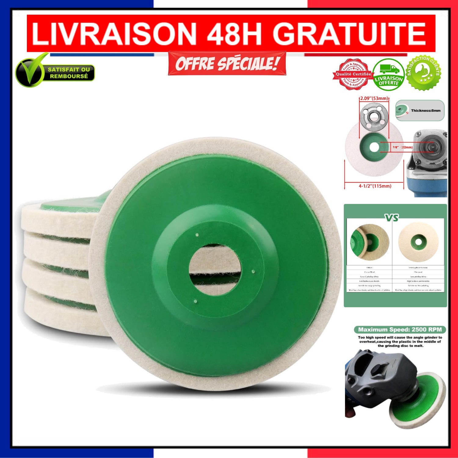 Tampons de Polissage en Laine 115mm pour Meuleuse d'Angle - Lot de 5 Disques de Lustrage Blancs