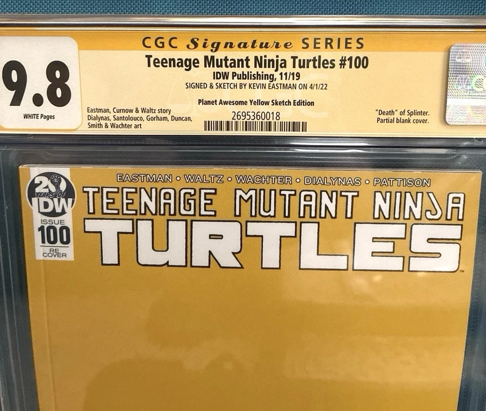 Cómic en blanco Ninja TURTLES 100 firmado y esbozado por Kevin Eastman CGC SS 9,8 Tmnt Foto 2 de 4