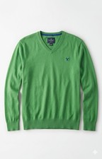 American Eagle Men XL Green Cotton V-Neck Sweater Classic Fit Pullover Knit