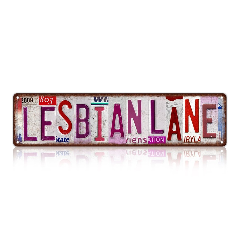 A cheeky vintage-style metal tin sign referencing 'Lesbian Lane' — campy, bold, and perfect for someone who loves retro Americana with a queer twist.