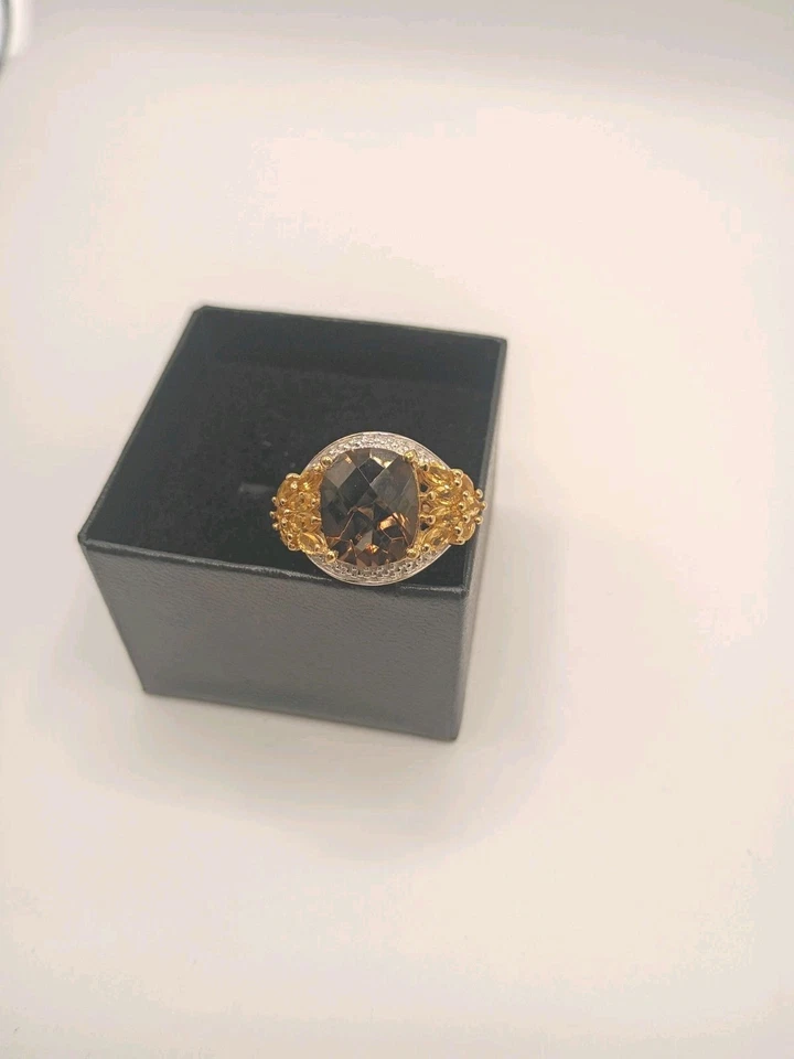 IMPRESIONANTE Anillo Vintage Citrino Y Topacio Oro 14K Sobre Latón Oro Talla 7 Estampado  Foto 3 de 4