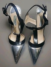 Prada Ankle T Strap Silver Pointed Toe Pumps SZ 39.5 Or US 9.5 Ankle Heels 