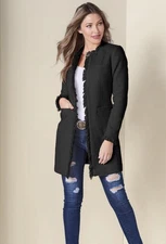VENUS Black Tweed Fringe Coat Jacket Lined Open Front Long Blazer Women’s Size 8