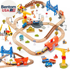 94Pcs Wooden Train Track Set, Modern City Adventure Railway for Kids with Bridge