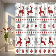 Christmas Shower Curtain with Red Reindeer and Floral Design