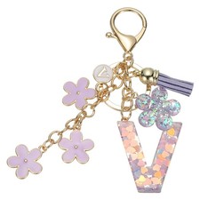Alphabet V Tassel Cherry Blossom Initial Letter Keychain Purple, Pack of 1 
