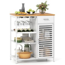 Coffee Bar Cabinet with Glass Holder, Wine Rack, Bamboo Top, Drawer  Shelves