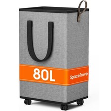 SpaceTrove Rolling Laundry Basket with Wheels Laundry Hamper 80L Grey