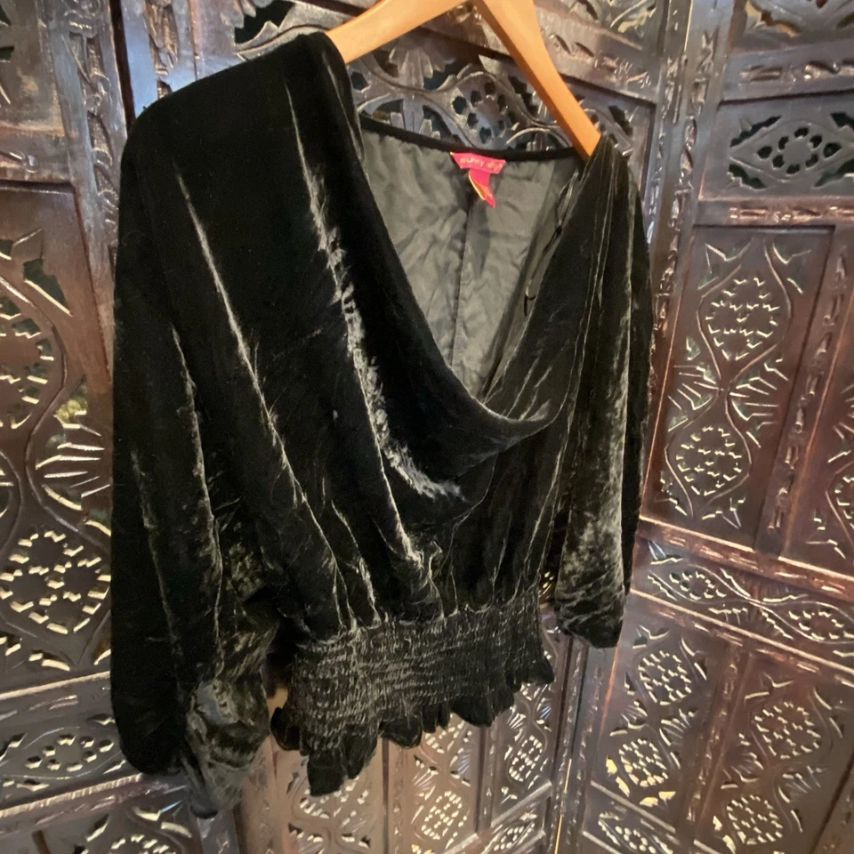 VTG Womens L Black Crushed Velvet Top Smock Waist Y2K Whimsigoth Witchy Boho - Image 3 of 4