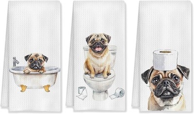 Pug Decor Kitchen Towels, Set of 3, 16x24 Inch, Cotton, Rustic, Absorbent &