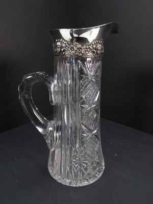 Antique ABP Cut Glass Pitcher Sterling Silver Floral Rim Monogrammed 10'' Tall