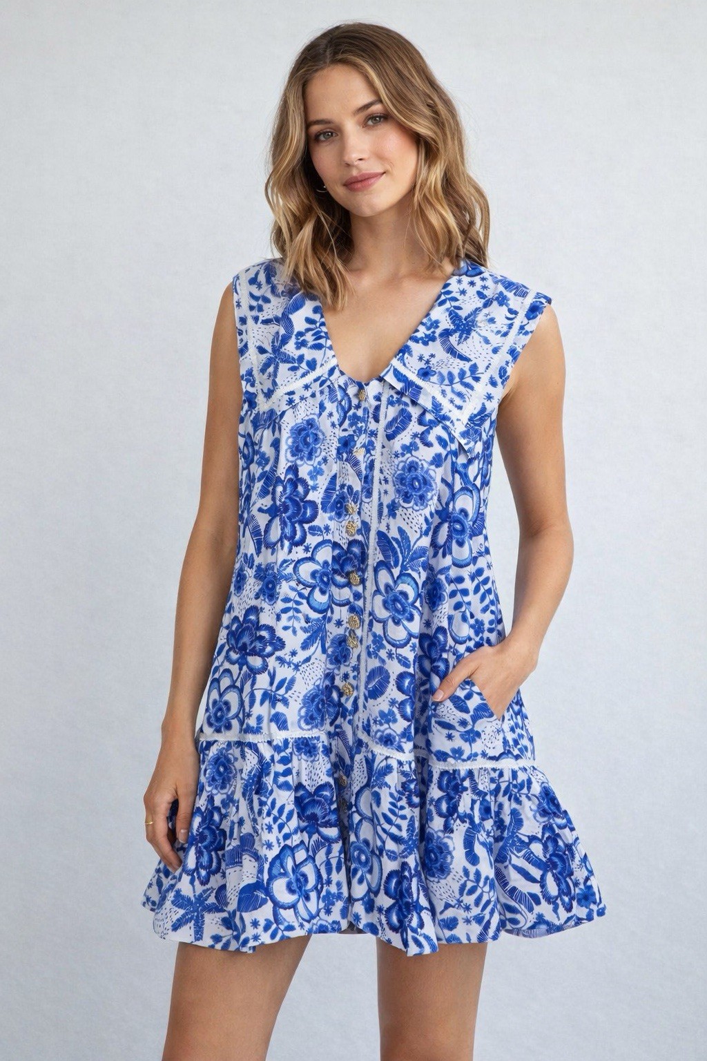 NWT Blue White Floral Mini Dress Peter Pan Collar Cottagecore Boho