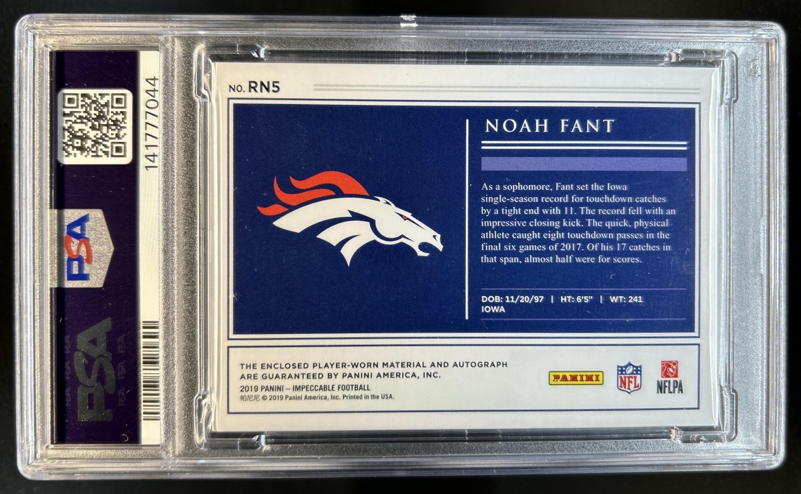 2019 Panini Impeccable Noah Fant Rookie Numbers Patch Auto RC #/75 PSA 9 view 2