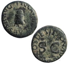 Roman quadrans coin of Claudius. 54 CE. Modius (corn measure)