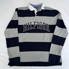 Tommy Hilfiger Striped Polo Gray Black Custom Fit Embroidered Logo Mens Large