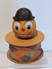 Vintage German Halloween Candy Container Pumpkin Clown Bowler Hat Harlequin