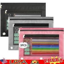 3 Ring Zipper Pencil Pouch Mesh Clear Window Organizer School Office Travel New