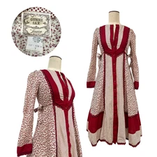 Vintage 1970s Gunne Sax Jessica McClintock Red Micro Floral Side Ties Dress Sz 7