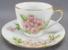 Pair of Hand Painted Signed BMS Pink Dogwood Flower Demitasse Cups & Saucers