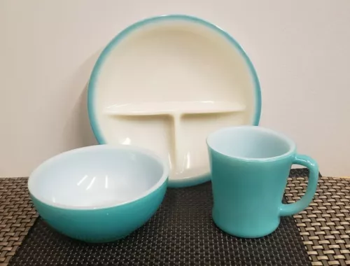3 FIRE KING TEAL D HANDLE MUG, CHILI BOWL, CHILDREN'S DIVIDED DISH 