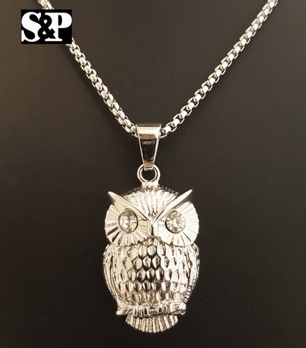 HIP HOP STAINLESS STEEL CUBIC ZIRCONIA OWL PENDANT 24" BOX ROUND CHAIN NECKLACE - Picture 17 of 17