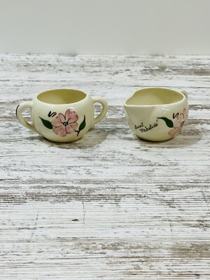 Vtg Ceramic Aunt Mahalias Cream and Sugar Bowl Set Gatlinburg Tennesse H/P Rose