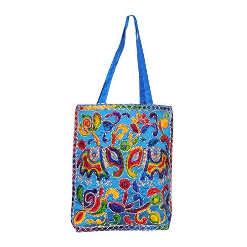 Handmade Large Faux Silk Embroidered Ethnic Tote Bags From Rajasthan - RBE-02 - Picture 8 of 11
