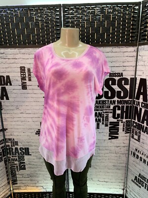 C&C California L Fuchsia Tie-Dye Sheer Trim Step Hem Top